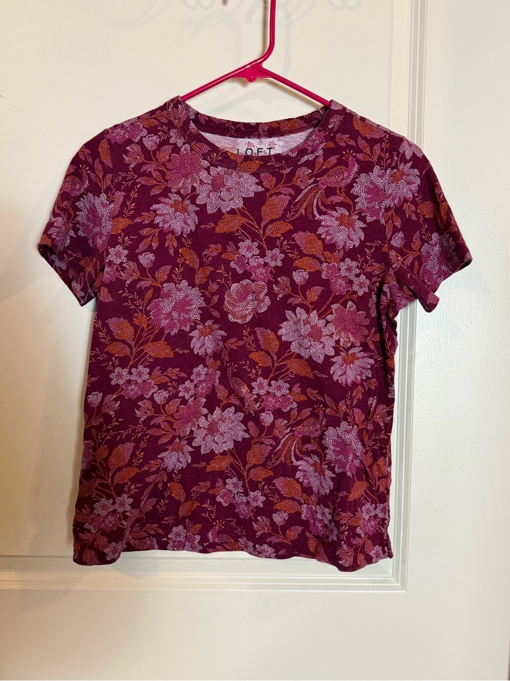 LOFT Burgundy Floral Short Sleeve Tee with Pink and Rust Accents